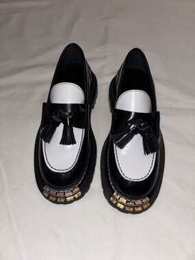 Sandro Paris Black and White Tassel Loafers with Gold Trim 39